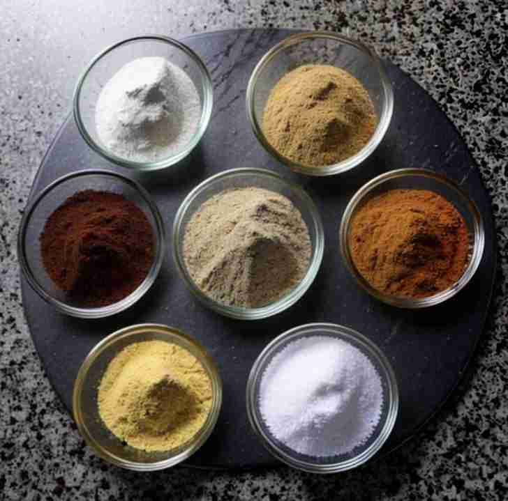 The image captures a top-down view of a lazy susan adorned with seven small glass cups, each containing a different spice. These spices vary in color, suggesting a range of flavors. One cup holds a white powder, likely salt, essential for enhancing the taste of wings. Another contains a bright yellow spice, possibly turmeric or mustard powder, known for its vibrant hue and earthy tones. There's a rich, red spice that could be paprika or chili powder, adding color and heat to the mix. A beige-colored spice, perhaps garlic or onion powder, offers a milder but aromatic quality. There's also a deep brown spice, which might be cumin or clove, known for its warm and intense flavor. The collection of spices on the rotating server suggests a preparation for a flavorful wing seasoning blend, each spice ready to contribute its unique qualities to create a complex and harmonious flavor profile for a batch of wings. The variety of colors from the spices adds a visual appeal to the preparation process, highlighting the culinary artistry involved in seasoning.