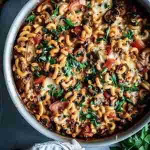 A large pot of beefaroni, topped with fresh parsley and melted cheese, featuring macaroni pasta, beef, and vegetables in a rich tomato sauce.