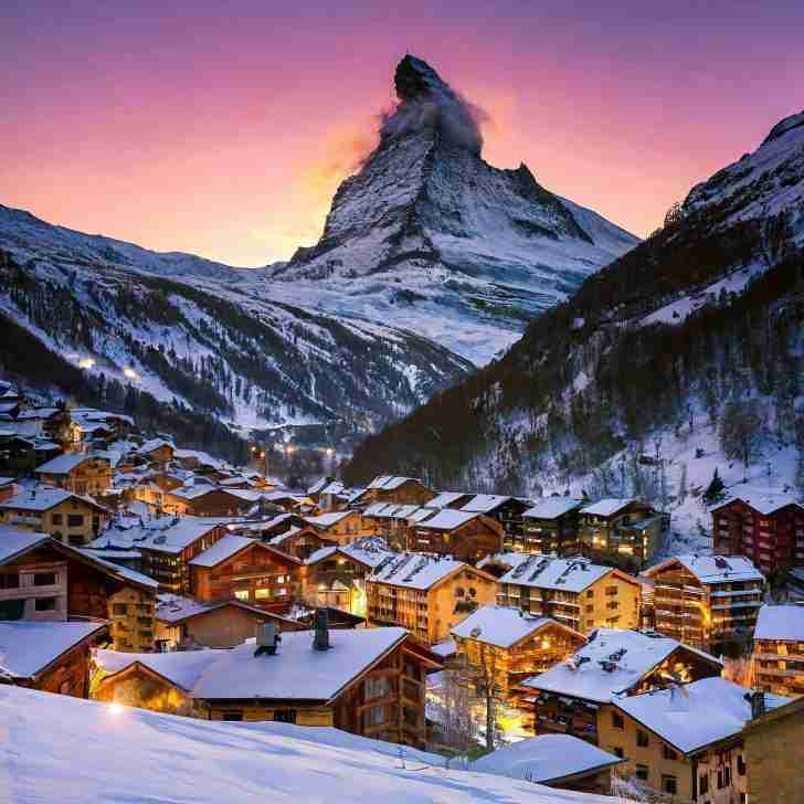 A picturesque winter scene of a Swiss mountain village nestled at the base of a majestic snow-covered mountain, with the iconic Matterhorn prominently in the background. The sun sets behind the mountain, casting a stunning gradient of colors across the sky, ranging from soft pinks and purples to deep blues. The village below is illuminated warmly, with lights glowing from the windows of wooden chalets, their roofs blanketed in snow. The atmosphere is serene, capturing the peaceful beauty of a winter evening in the Swiss Alps.