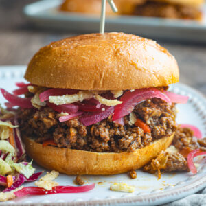 Sloppy Joe sandwich on a toasted brioche bun, topped with pickled onions and crispy fried onions, served with coleslaw on a rustic plate.