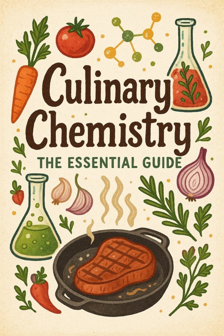 Illustrated cover with steak in skillet, herbs, veggies, beakers, and molecules; title reads "Culinary Chemistry – The Essential Guide."