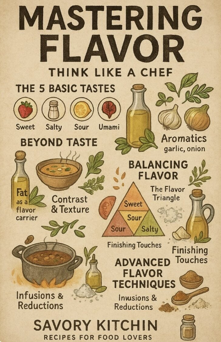 Rustic infographic titled “Mastering Flavor – Think Like a Chef,” with illustrations of key concepts like tastes, fat, aromatics, and spices.